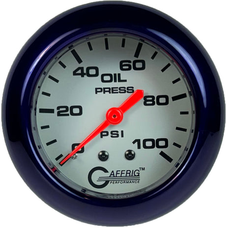 GAFFRIG PART 2 5/8 INCH MECHANICAL OIL PRESSURE 0-100 PSI PLATINUM / PURPLE