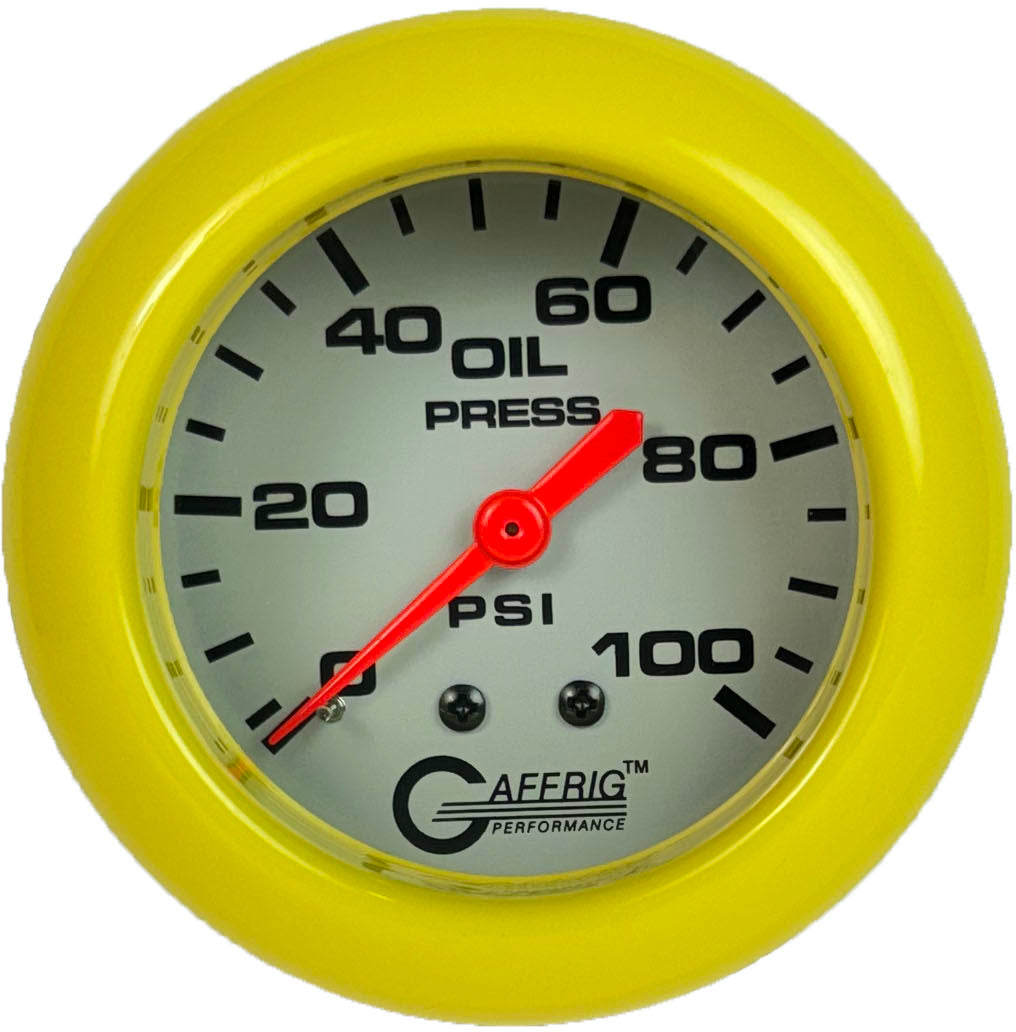 GAFFRIG PART #11011 2 5/8 INCH MECHANICAL OIL PRESSURE 0-100 PSI PLATINUM FAT RIM (258) / YELLOW