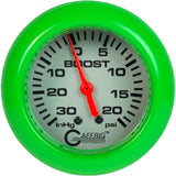 GAFFRIG PART #11012 2 5/8 INCH ELECTRIC MECHANICAL VACUUM 0-30 HG/BOOST 0-20 PSI PLATINUM FAT RIM (258) / LIME GREEN