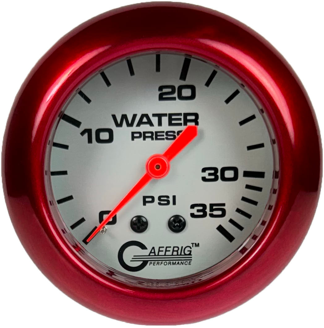 GAFFRIG PART #11014 2 5/8 INCH MECHANICAL WATER PRESSURE 0-35 PSI PLATINUM FAT RIM (258) / RED