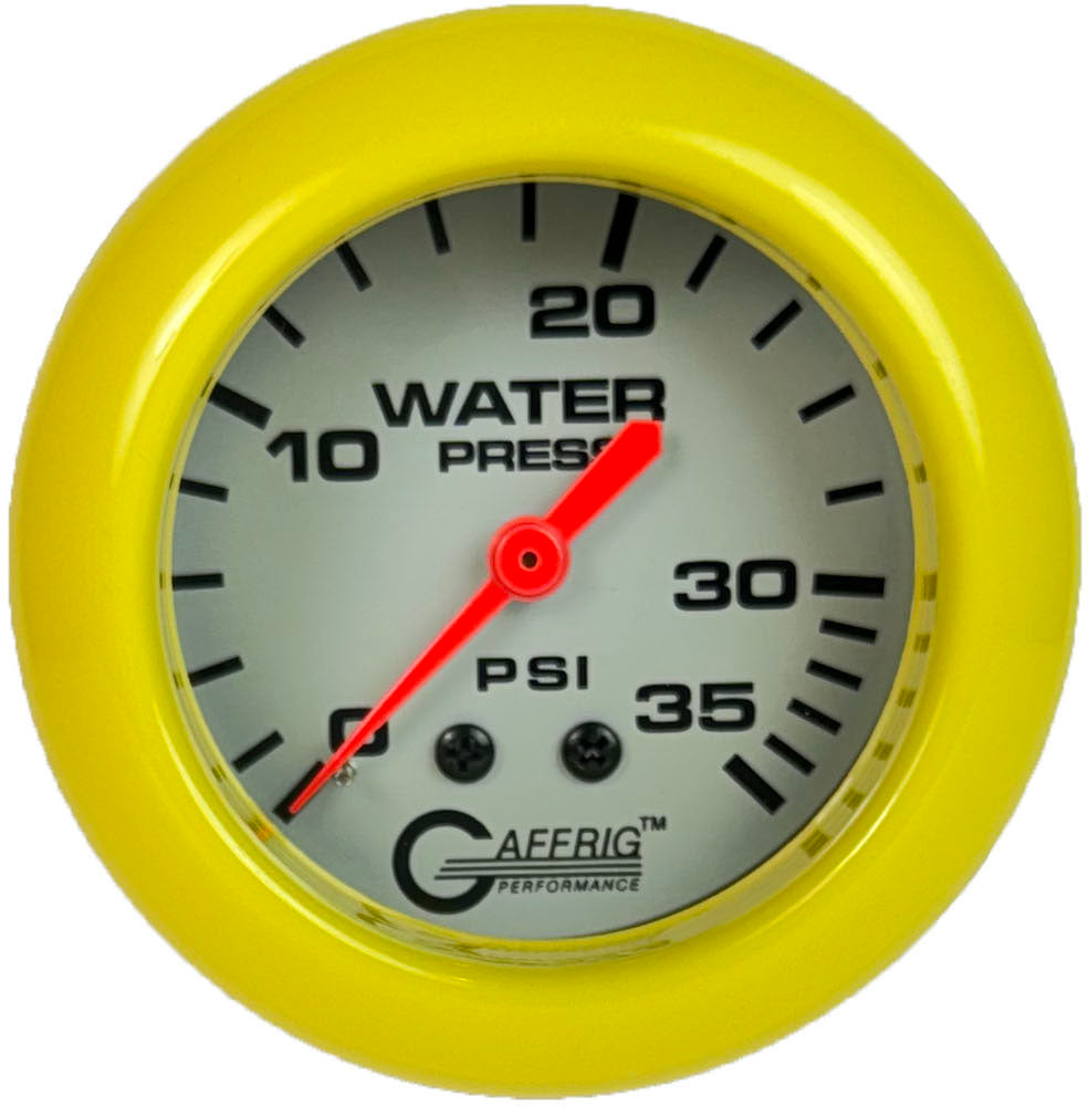 GAFFRIG PART #11014 2 5/8 INCH MECHANICAL WATER PRESSURE 0-35 PSI PLATINUM FAT RIM (258) / YELLOW