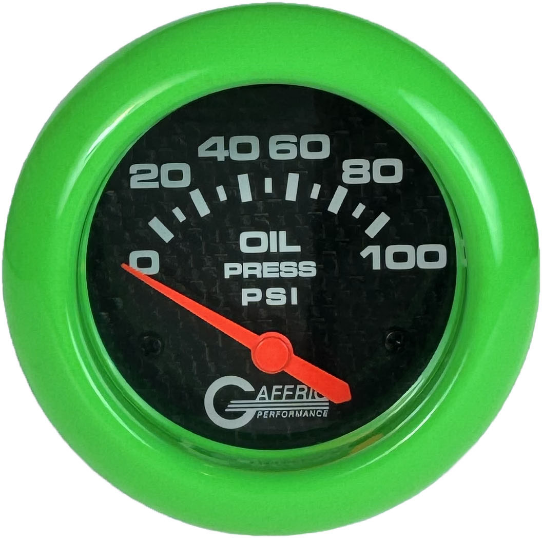 GAFFRIG 2 5/8 INCH ELECTRIC OIL PRESSURE 0-100PSI BLACK / LIME GREEN