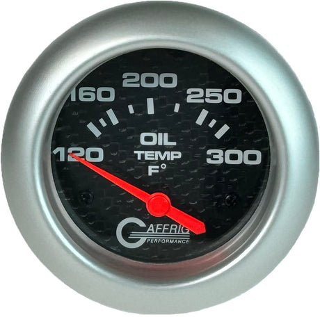 GAFFRIG 2 5/8 INCH ELECTRIC OIL TEMP GAUGE 120-300F BLACK / PLATINUM