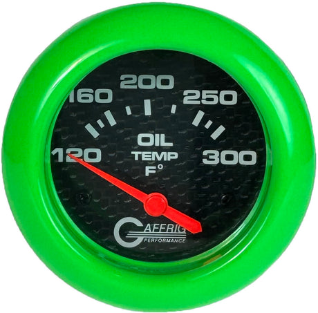 GAFFRIG 2 5/8 INCH ELECTRIC OIL TEMP GAUGE 120-300F BLACK / LIME GREEN