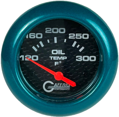 GAFFRIG 2 5/8 INCH ELECTRIC OIL TEMP GAUGE 120-300F BLACK / TEAL