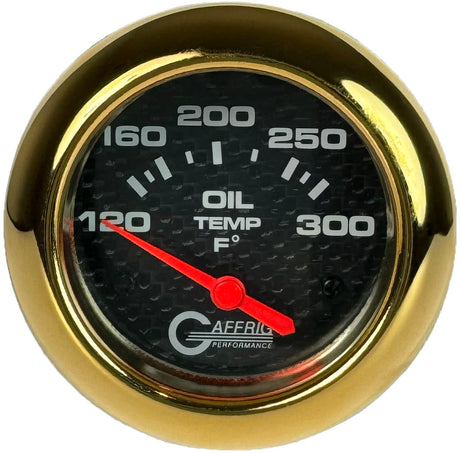 GAFFRIG 2 5/8 INCH ELECTRIC OIL TEMP GAUGE 120-300F BLACK / GOLD