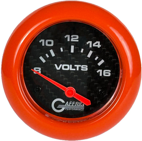 GAFFRIG PART 2 5/8 INCH ELECTRIC VOLTMETER GAUGE 8-16V BLACK / ORANGE