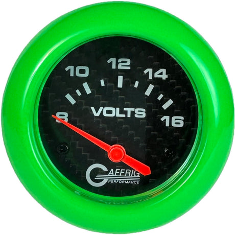 GAFFRIG PART 2 5/8 INCH ELECTRIC VOLTMETER GAUGE 8-16V BLACK / LIME GREEN