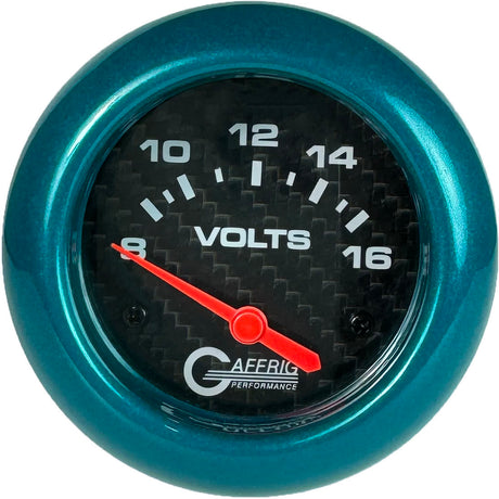 GAFFRIG PART 2 5/8 INCH ELECTRIC VOLTMETER GAUGE 8-16V BLACK / TEAL