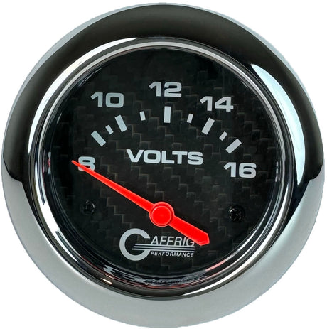 GAFFRIG PART 2 5/8 INCH ELECTRIC VOLTMETER GAUGE 8-16V BLACK / CHROME/POLISHED