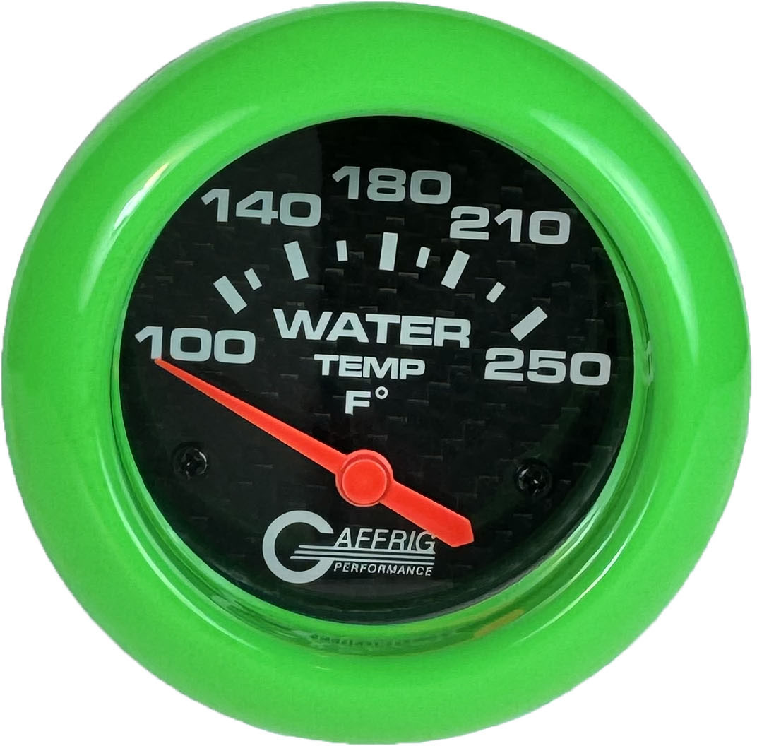 GAFFRIG PART 2 5/8 INCH ELECTRIC WATER TEMP 100-250 F - W/ SENDER & BUSHING KIT BLACK / LIME GREEN