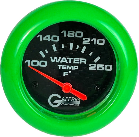 GAFFRIG PART 2 5/8 INCH ELECTRIC WATER TEMP 100-250 F - W/ SENDER & BUSHING KIT BLACK / LIME GREEN