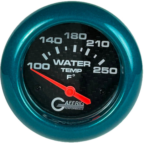 GAFFRIG PART 2 5/8 INCH ELECTRIC WATER TEMP 100-250 F - W/ SENDER & BUSHING KIT BLACK / TEAL