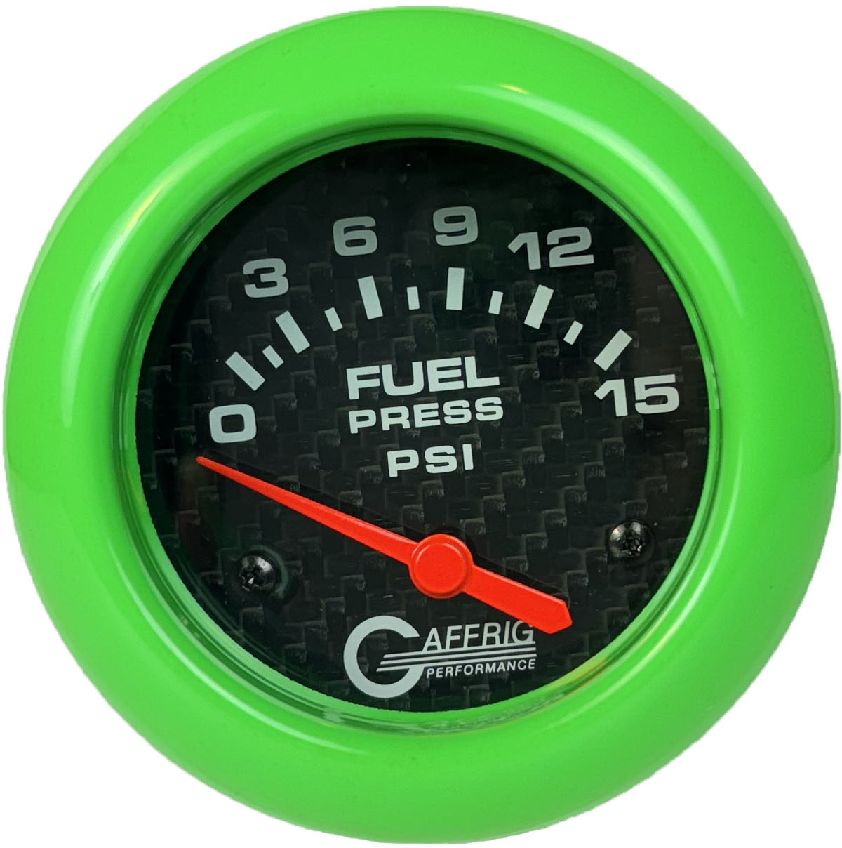 GAFFRIG 2 5/8 INCH ELECTRIC FUEL PRESSURE GAUGE 0-15PSI BLACK / LIME GREEN