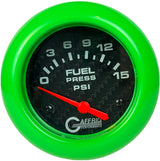 GAFFRIG 2 5/8 INCH ELECTRIC FUEL PRESSURE GAUGE 0-15PSI BLACK / LIME GREEN