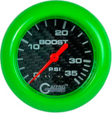 GAFFRIG PART 2 5/8 INCH MECHANICAL BOOST GAUGE 0-35 PSI BLACK / LIME GREEN