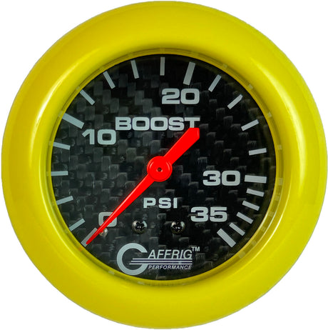 GAFFRIG PART 2 5/8 INCH MECHANICAL BOOST GAUGE 0-35 PSI BLACK / YELLOW