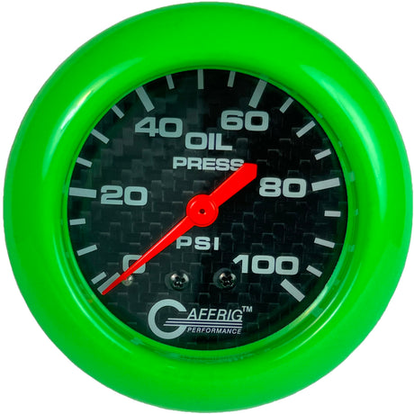 GAFFRIG PART 2 5/8 INCH MECHANICAL OIL PRESSURE 0-100 PSI BLACK / LIME GREEN