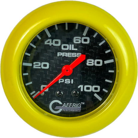 GAFFRIG PART 2 5/8 INCH MECHANICAL OIL PRESSURE 0-100 PSI BLACK / YELLOW