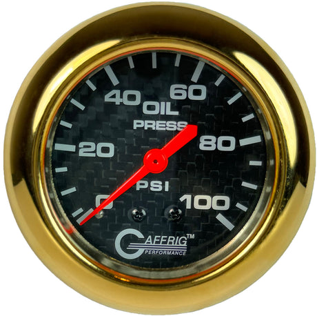 GAFFRIG PART 2 5/8 INCH MECHANICAL OIL PRESSURE 0-100 PSI BLACK / GOLD