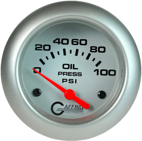 GAFFRIG 2 5/8 INCH ELECTRIC OIL PRESSURE 0-100PSI PLATINUM / WHITE