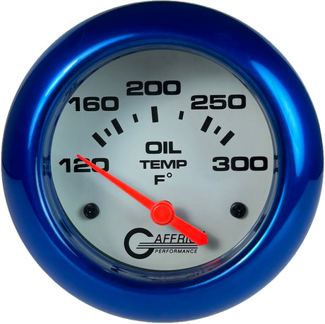 GAFFRIG 2 5/8 INCH ELECTRIC OIL TEMP GAUGE 120-300F WHITE / BLUE