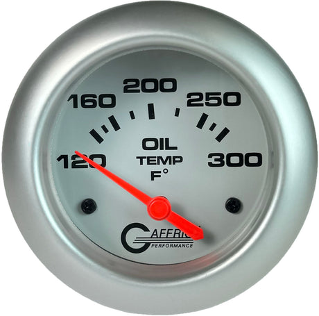 GAFFRIG 2 5/8 INCH ELECTRIC OIL TEMP GAUGE 120-300F WHITE / PLATINUM