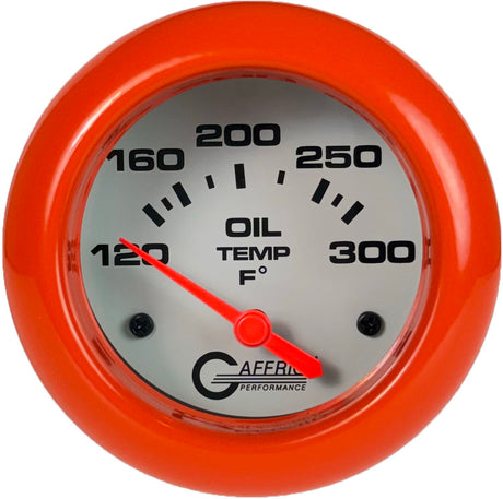 GAFFRIG 2 5/8 INCH ELECTRIC OIL TEMP GAUGE 120-300F WHITE / ORANGE