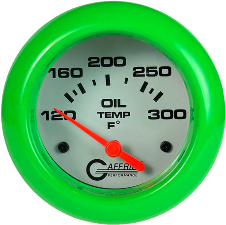 GAFFRIG 2 5/8 INCH ELECTRIC OIL TEMP GAUGE 120-300F WHITE / LIME GREEN