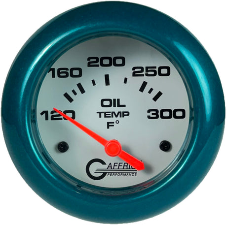 GAFFRIG 2 5/8 INCH ELECTRIC OIL TEMP GAUGE 120-300F WHITE / TEAL