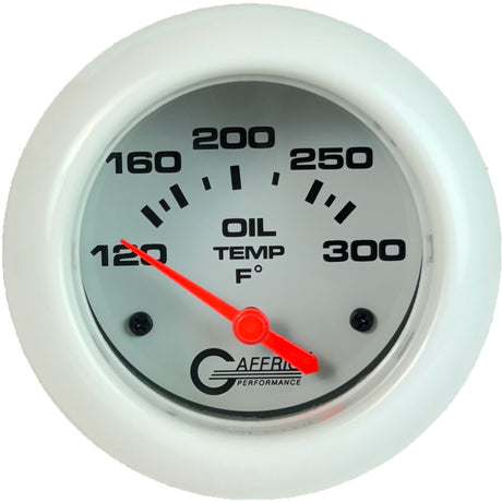 GAFFRIG 2 5/8 INCH ELECTRIC OIL TEMP GAUGE 120-300F WHITE / WHITE