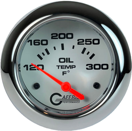 GAFFRIG 2 5/8 INCH ELECTRIC OIL TEMP GAUGE 120-300F WHITE / CHROME