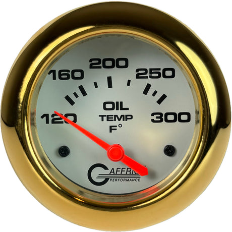 GAFFRIG 2 5/8 INCH ELECTRIC OIL TEMP GAUGE 120-300F WHITE / GOLD