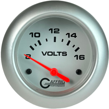 GAFFRIG PART 2 5/8 INCH ELECTRIC VOLTMETER GAUGE 8-16V WHITE / PLATINUM