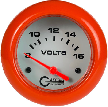 GAFFRIG PART 2 5/8 INCH ELECTRIC VOLTMETER GAUGE 8-16V WHITE / ORANGE