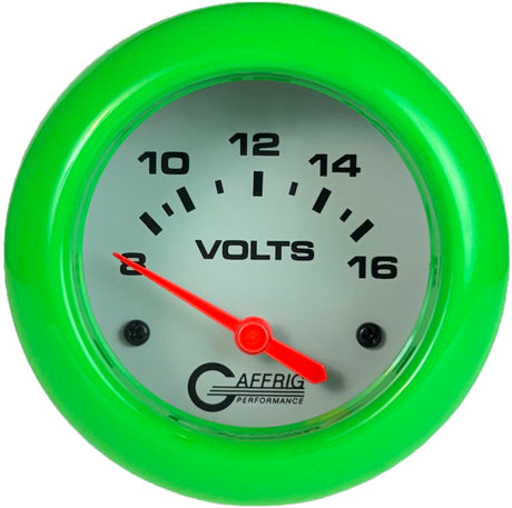 GAFFRIG PART 2 5/8 INCH ELECTRIC VOLTMETER GAUGE 8-16V WHITE / LIME GREEN