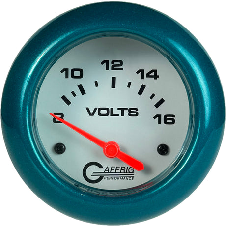 GAFFRIG PART 2 5/8 INCH ELECTRIC VOLTMETER GAUGE 8-16V WHITE / TEAL