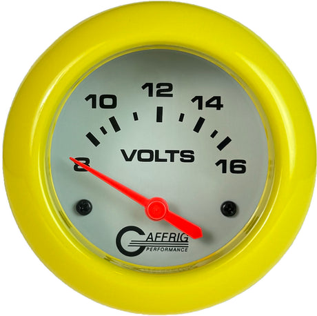 GAFFRIG PART 2 5/8 INCH ELECTRIC VOLTMETER GAUGE 8-16V WHITE / YELLOW