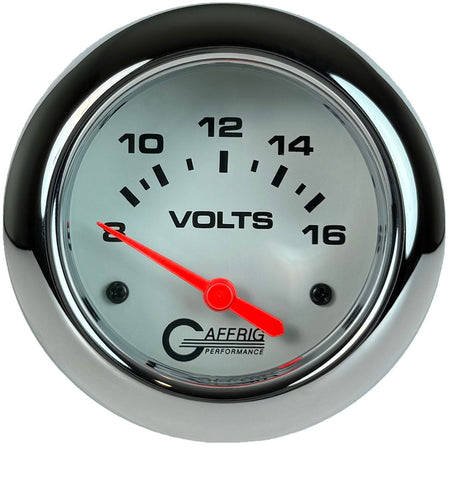 GAFFRIG PART 2 5/8 INCH ELECTRIC VOLTMETER GAUGE 8-16V WHITE / CHROME/POLISHED