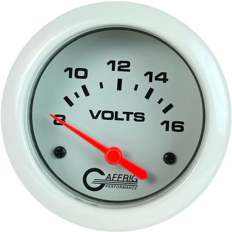 GAFFRIG PART 2 5/8 INCH ELECTRIC VOLTMETER GAUGE 8-16V WHITE / NO FAT RIM (STANDARD)