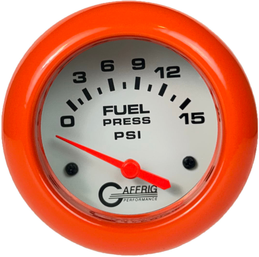 GAFFRIG 2 5/8 INCH ELECTRIC FUEL PRESSURE GAUGE 0-15PSI WHITE / ORANGE