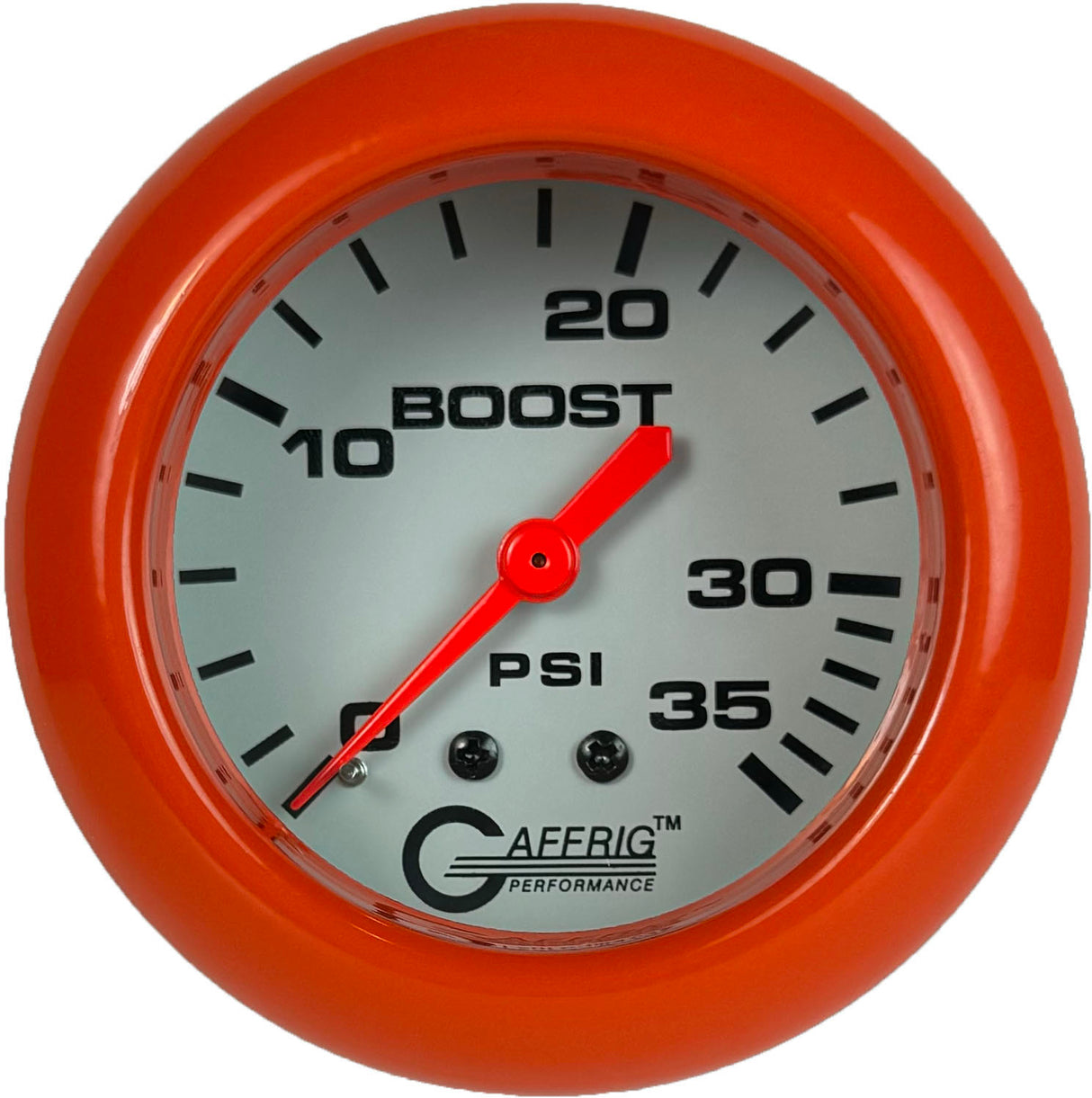 GAFFRIG PART 2 5/8 INCH MECHANICAL BOOST GAUGE 0-35 PSI WHITE / ORANGE