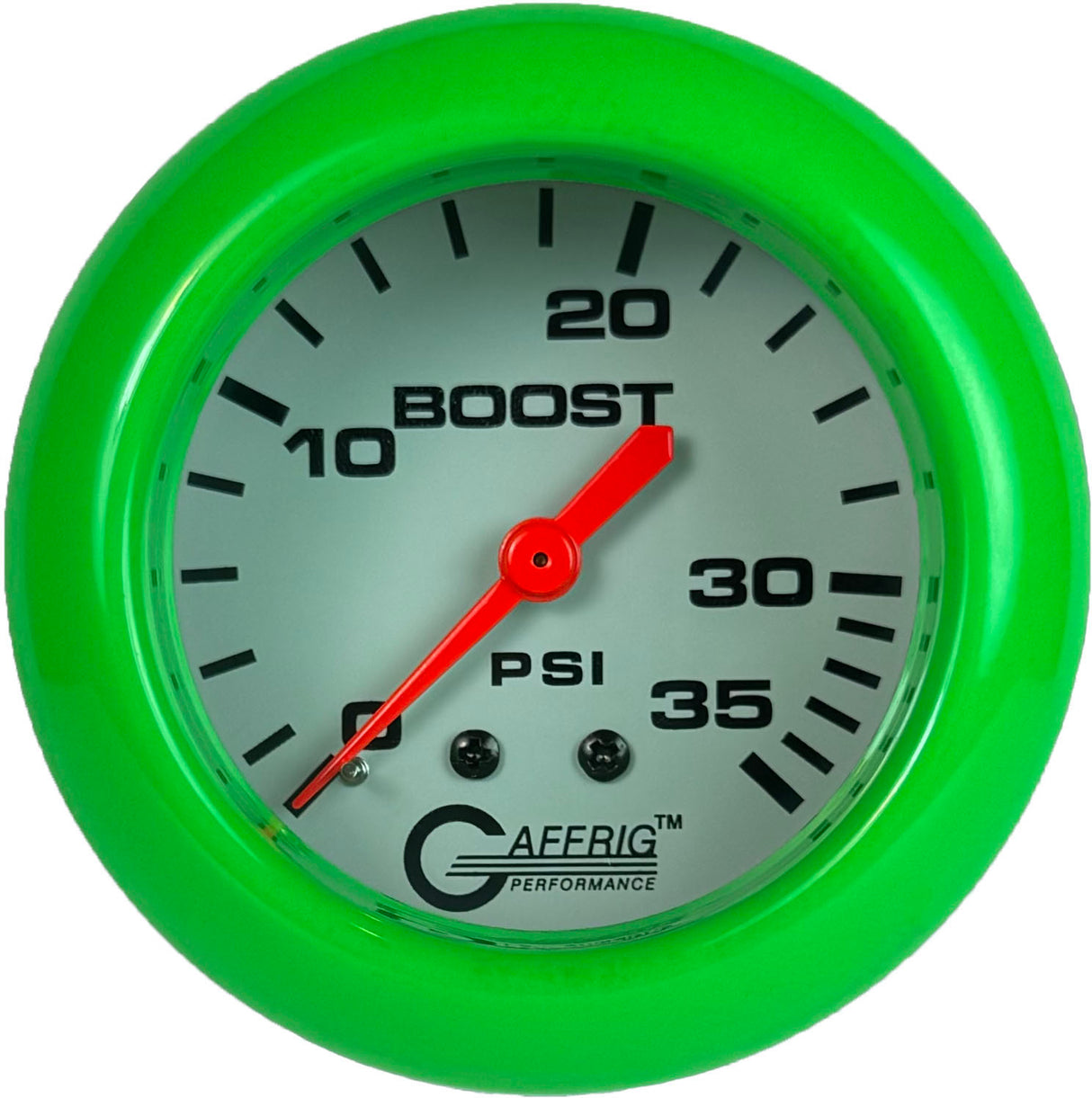 GAFFRIG PART 2 5/8 INCH MECHANICAL BOOST GAUGE 0-35 PSI WHITE / LIME GREEN