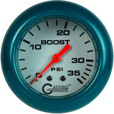 GAFFRIG PART 2 5/8 INCH MECHANICAL BOOST GAUGE 0-35 PSI WHITE / TEAL