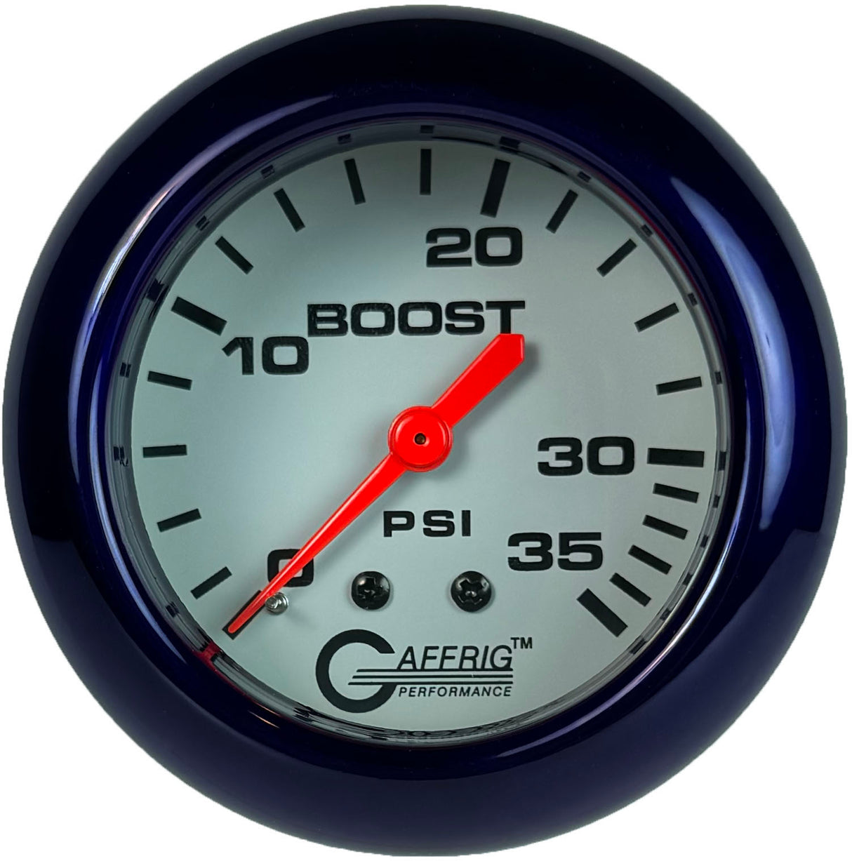 GAFFRIG PART 2 5/8 INCH MECHANICAL BOOST GAUGE 0-35 PSI WHITE / PURPLE