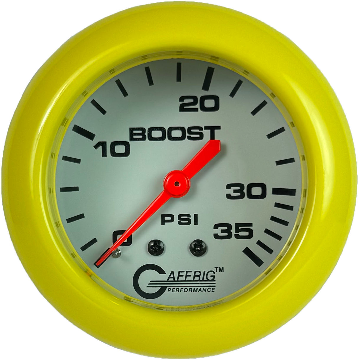 GAFFRIG PART 2 5/8 INCH MECHANICAL BOOST GAUGE 0-35 PSI WHITE / YELLOW