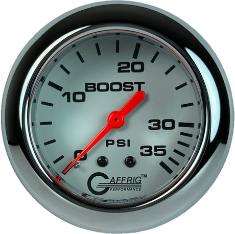 GAFFRIG PART 2 5/8 INCH MECHANICAL BOOST GAUGE 0-35 PSI WHITE / CHROME/POLISHED