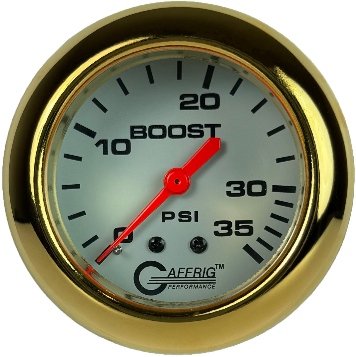 GAFFRIG PART 2 5/8 INCH MECHANICAL BOOST GAUGE 0-35 PSI WHITE / GOLD