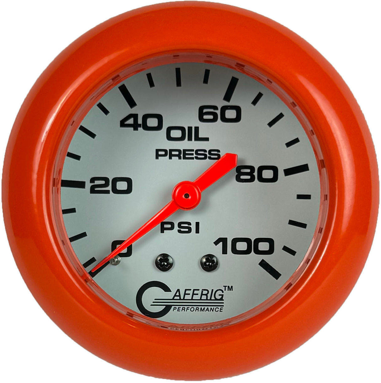 GAFFRIG PART 2 5/8 INCH MECHANICAL OIL PRESSURE 0-100 PSI WHITE / ORANGE