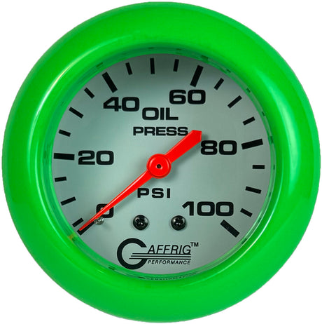 GAFFRIG PART 2 5/8 INCH MECHANICAL OIL PRESSURE 0-100 PSI WHITE / LIME GREEN